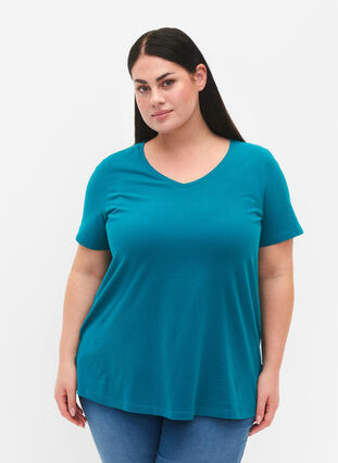 Ensfarvet basis t-shirt i bomuld, Deep Lake, Model image number 0