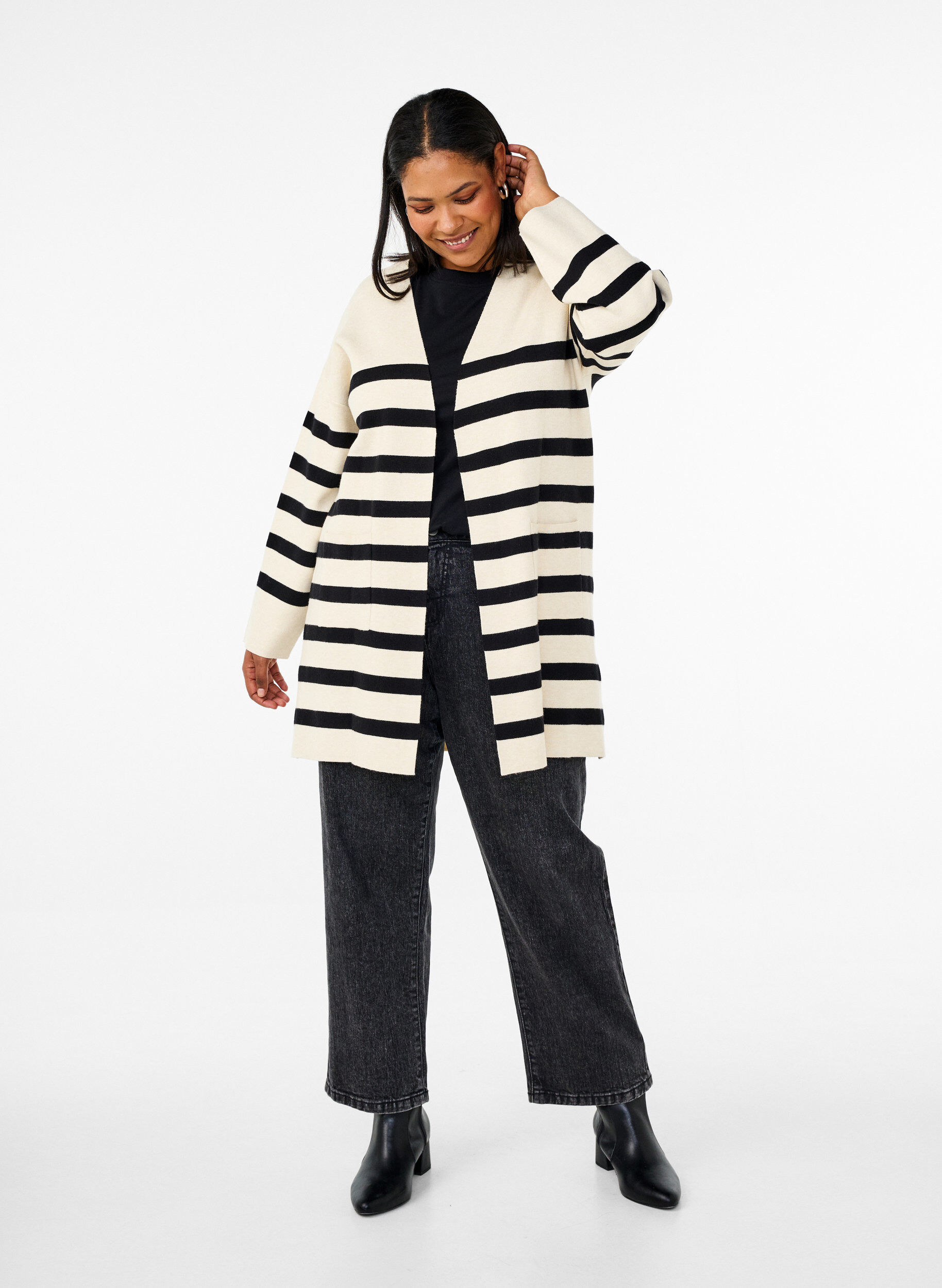 Zizzi Lang strikcardigan med striber, Birch w/Black, Model image number 2