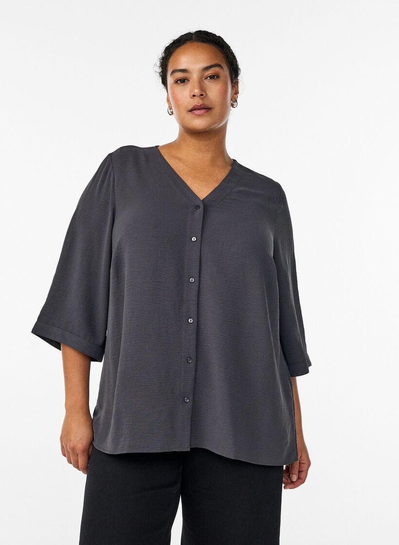 Skjortebluse med V-udsk&aelig;ring og 3/4-&aelig;rmer, Gr&aring;, Model image number 0