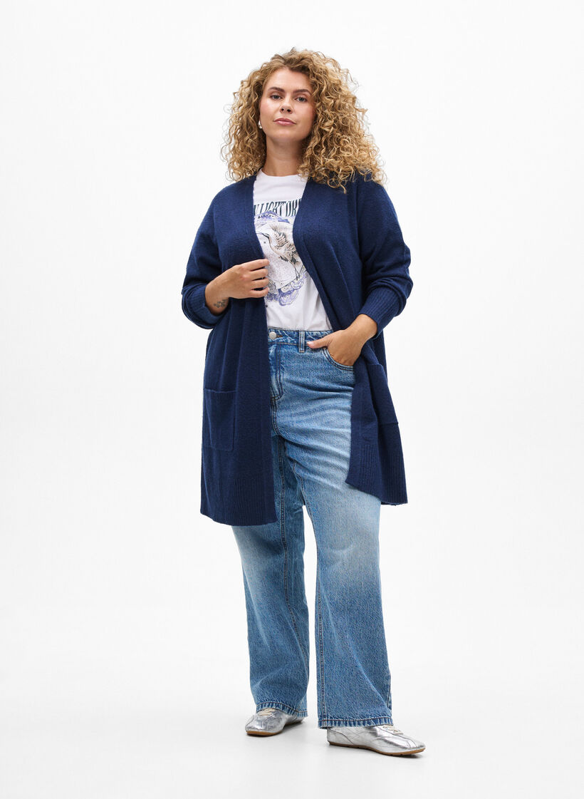 Meleret strik cardigan med lommer, Bl&aring;, Model image number 1