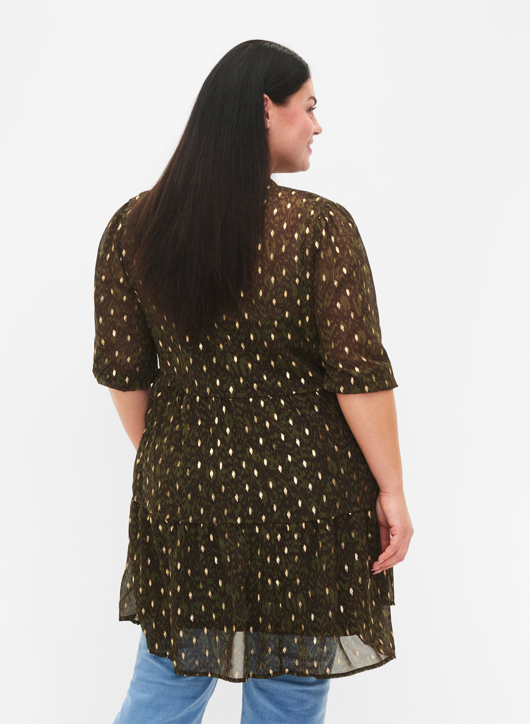 Zizzi Tunika med print og lurex, Green Ethnic AOP, Model image number 1