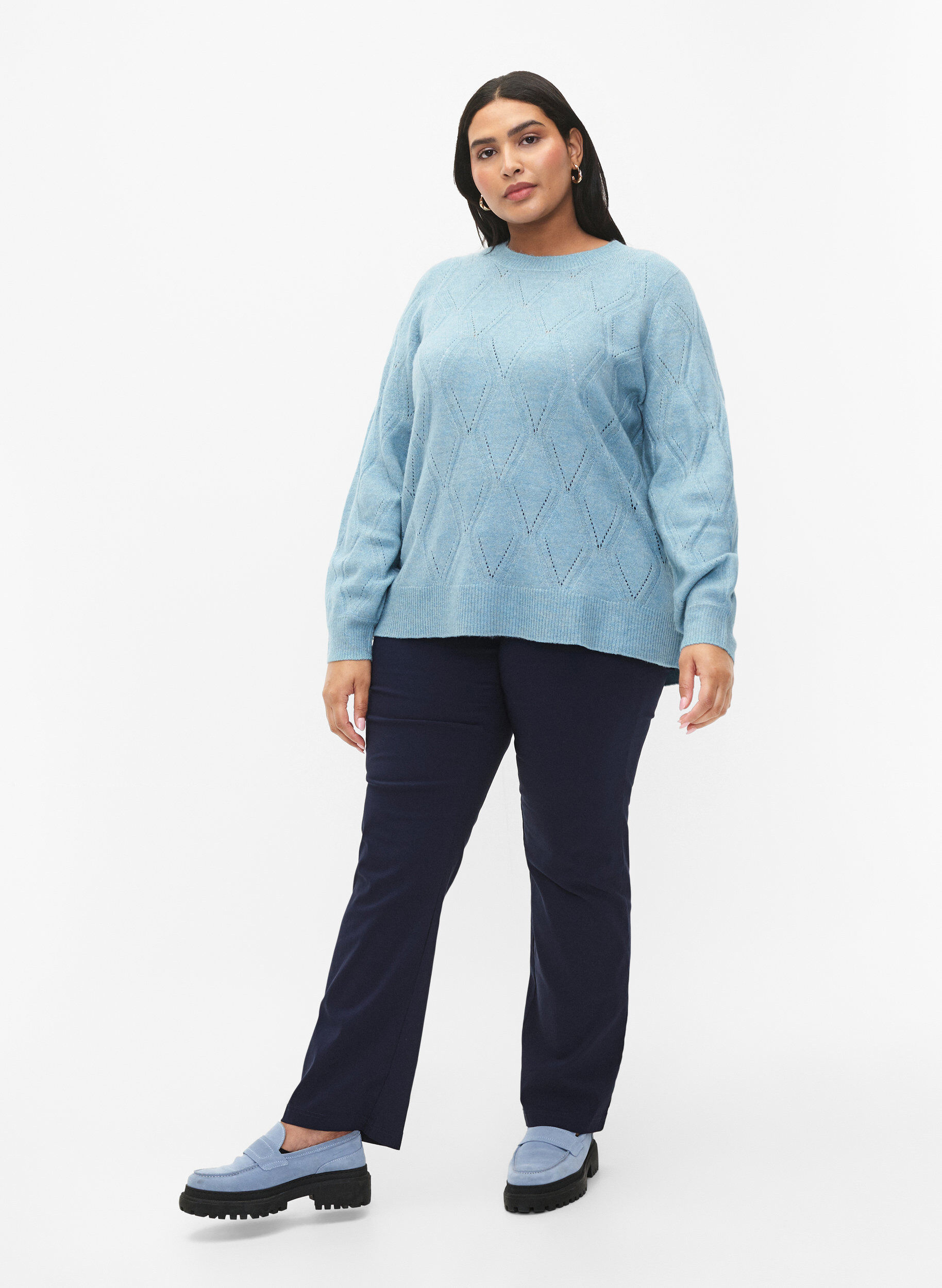 Zizzi Strikbluse med hulm&oslash;nster, Reef Waters Mel., Model image number 2