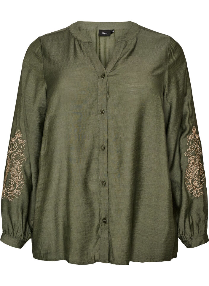 Skjorte i viskose med broderi p&aring; &aelig;rmer, Gr&oslash;n, Packshot image number 0