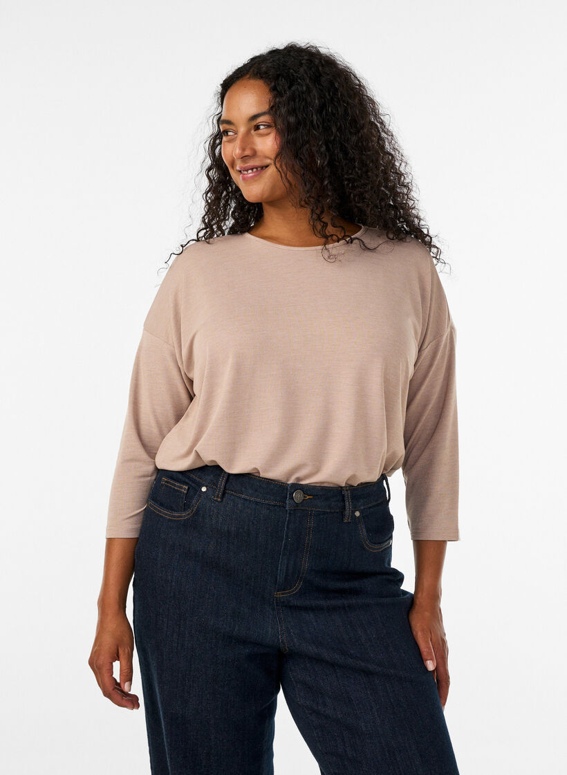 Jerseybluse med 3/4 &aelig;rmer, Beige, Model image number 0