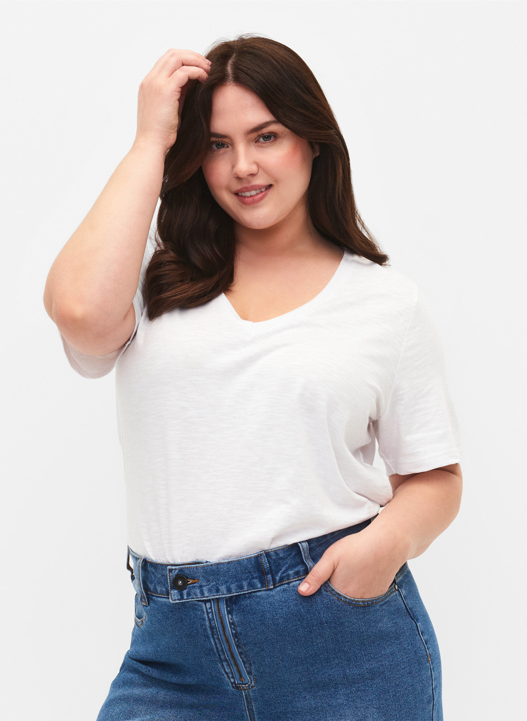 Kort&aelig;rmet basis t-shirt med v-hals, Hvid, Model