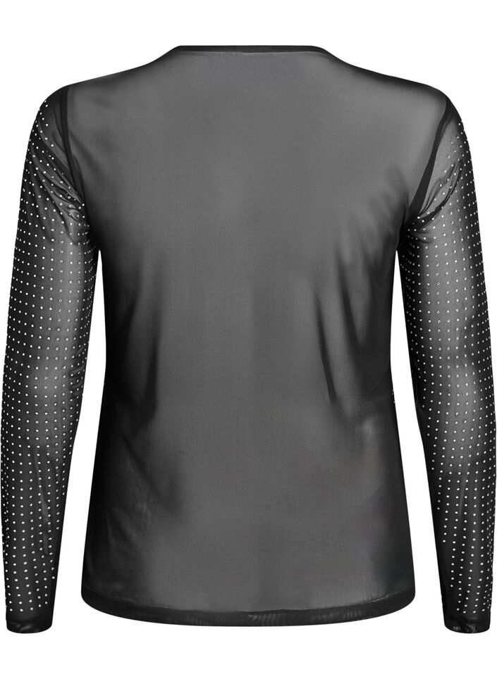 Meshbluse med rhinsten og lange ærmer, Sort, Packshot image number 1