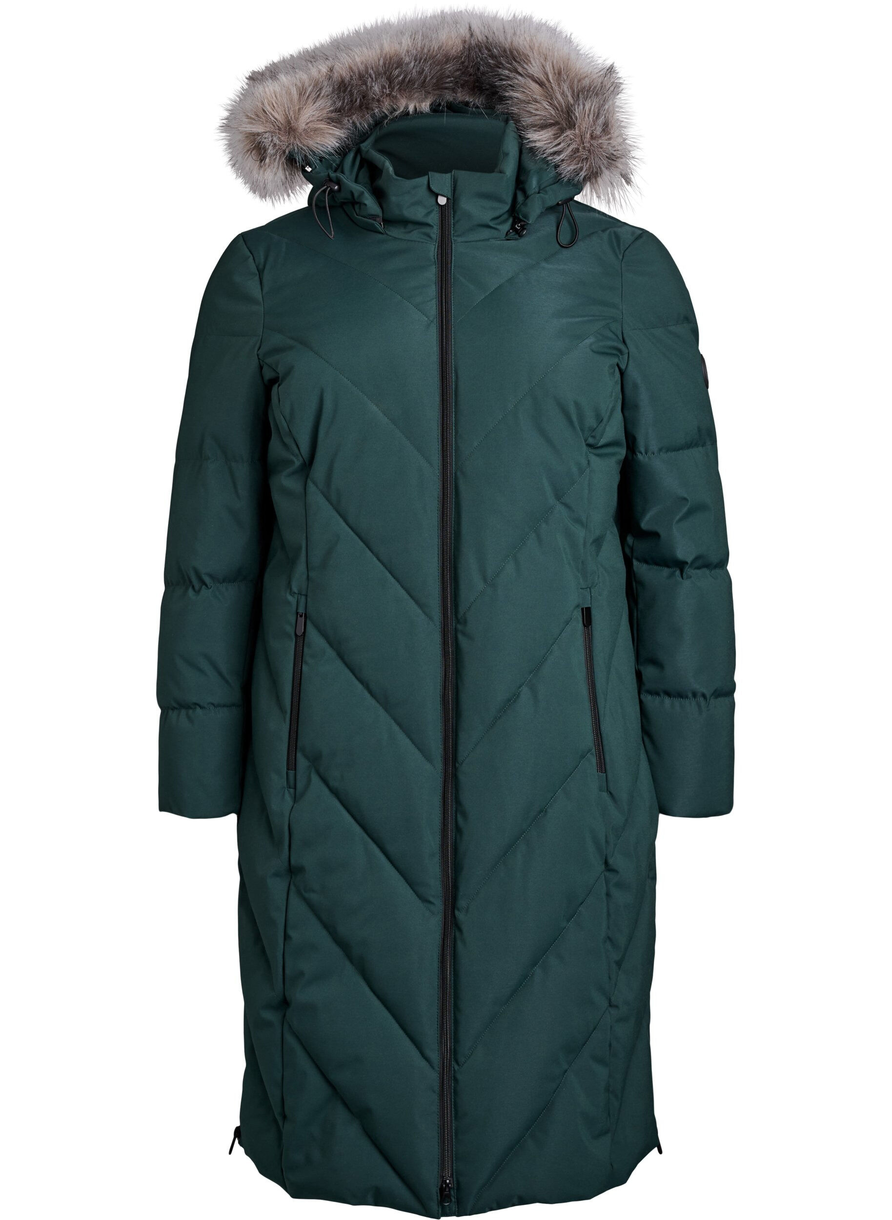 ZizziLang vinterjakke med h&aelig;tte og imiteret pelskrave, Gr&oslash;n, Packshot image number 0