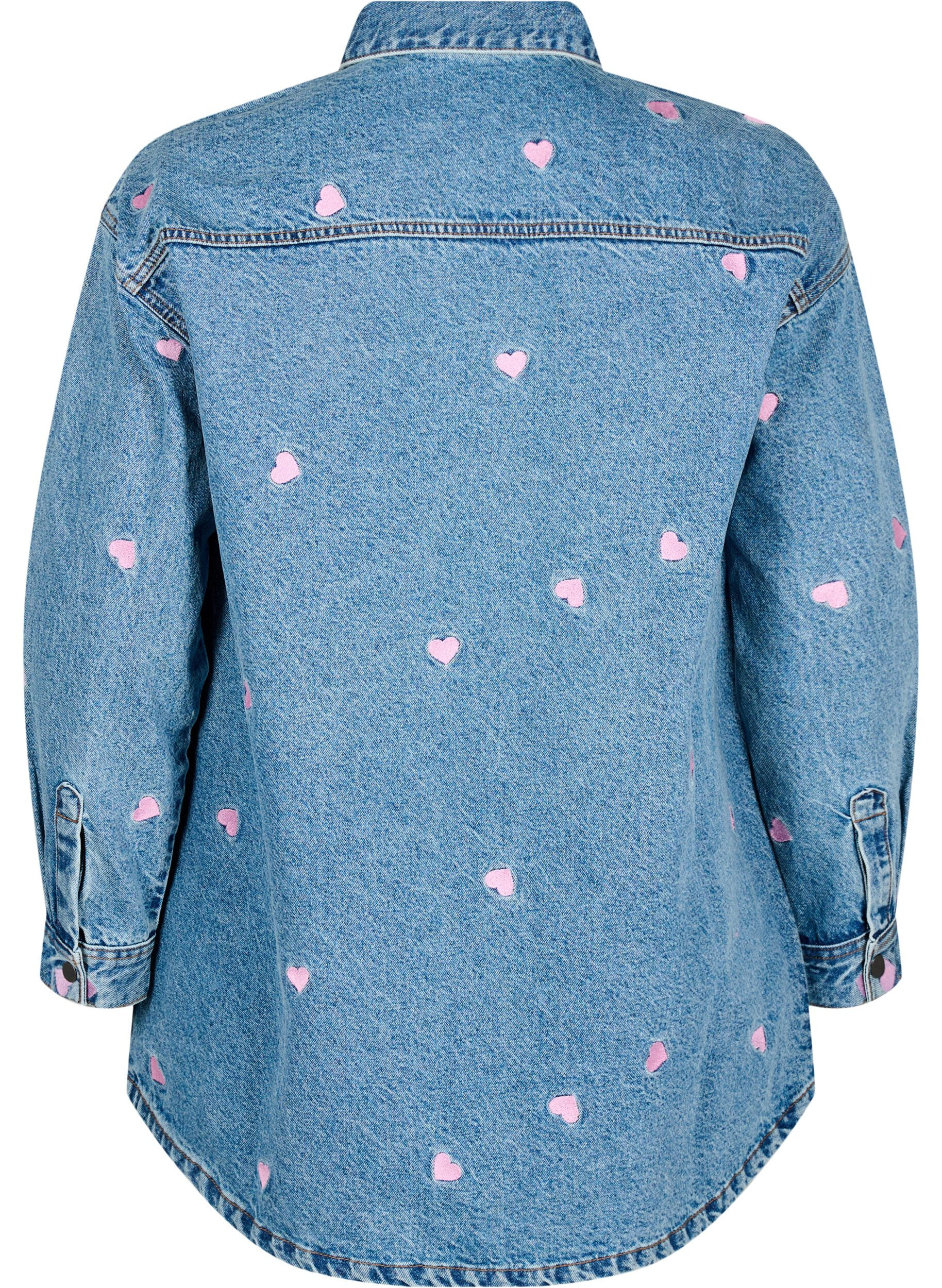 Zizzi L&oslash;s denimskjorte med broderede hjerter, Light Blue Heart, Packshot image number 1