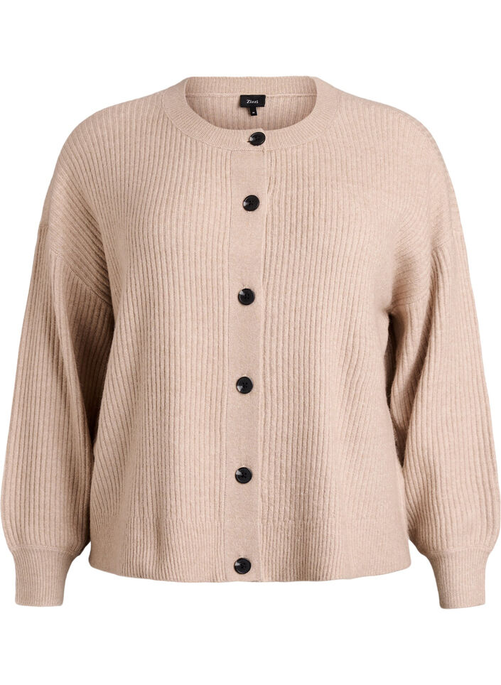 Ribstrikket cardigan med knapper, Beige, Packshot image number 0