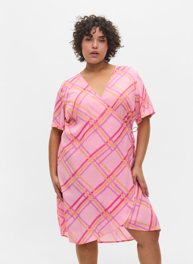 Ternet viskose kjole med wrap, Pink Check, Model image number 0