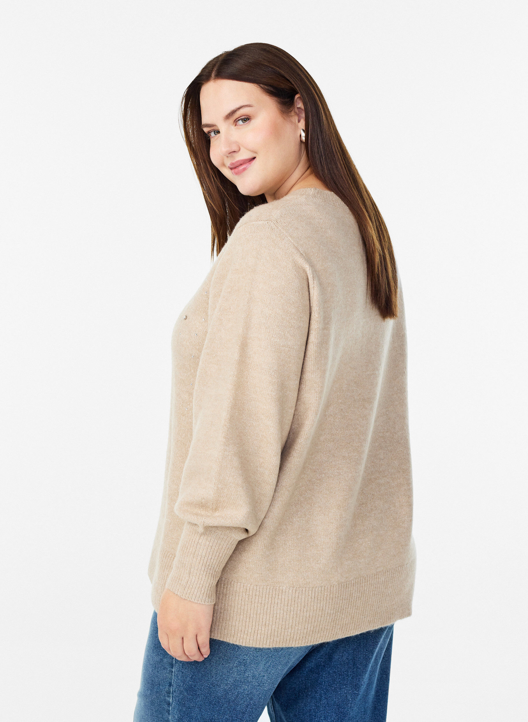 Zizzi Strikbluse med rhinsten, Beige, Model image number 2