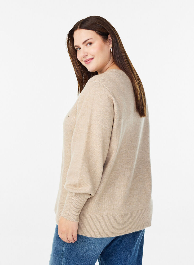Strikbluse med rhinsten, Beige, Model image number 2