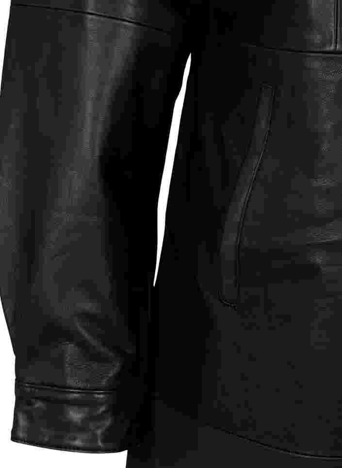 Læderkjole med lange ærmer og knaplukning, Black, Packshot image number 3