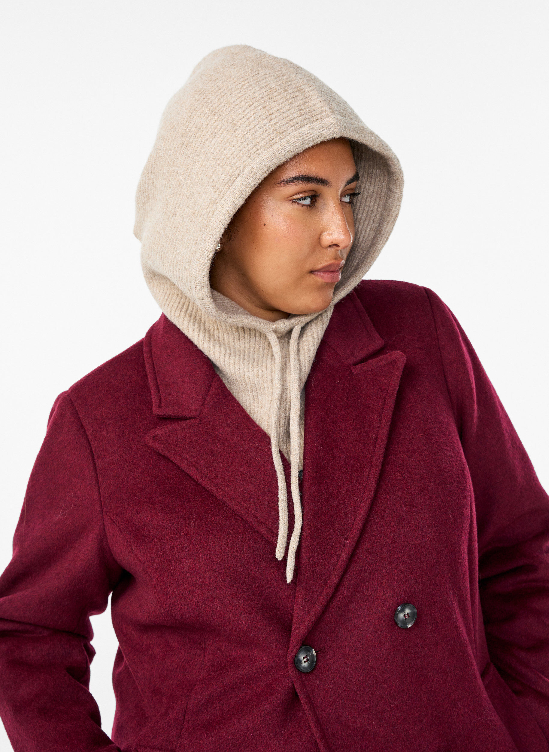 Zizzi Strikket balaclava med sn&oslash;rer, Beige, Model image number 1