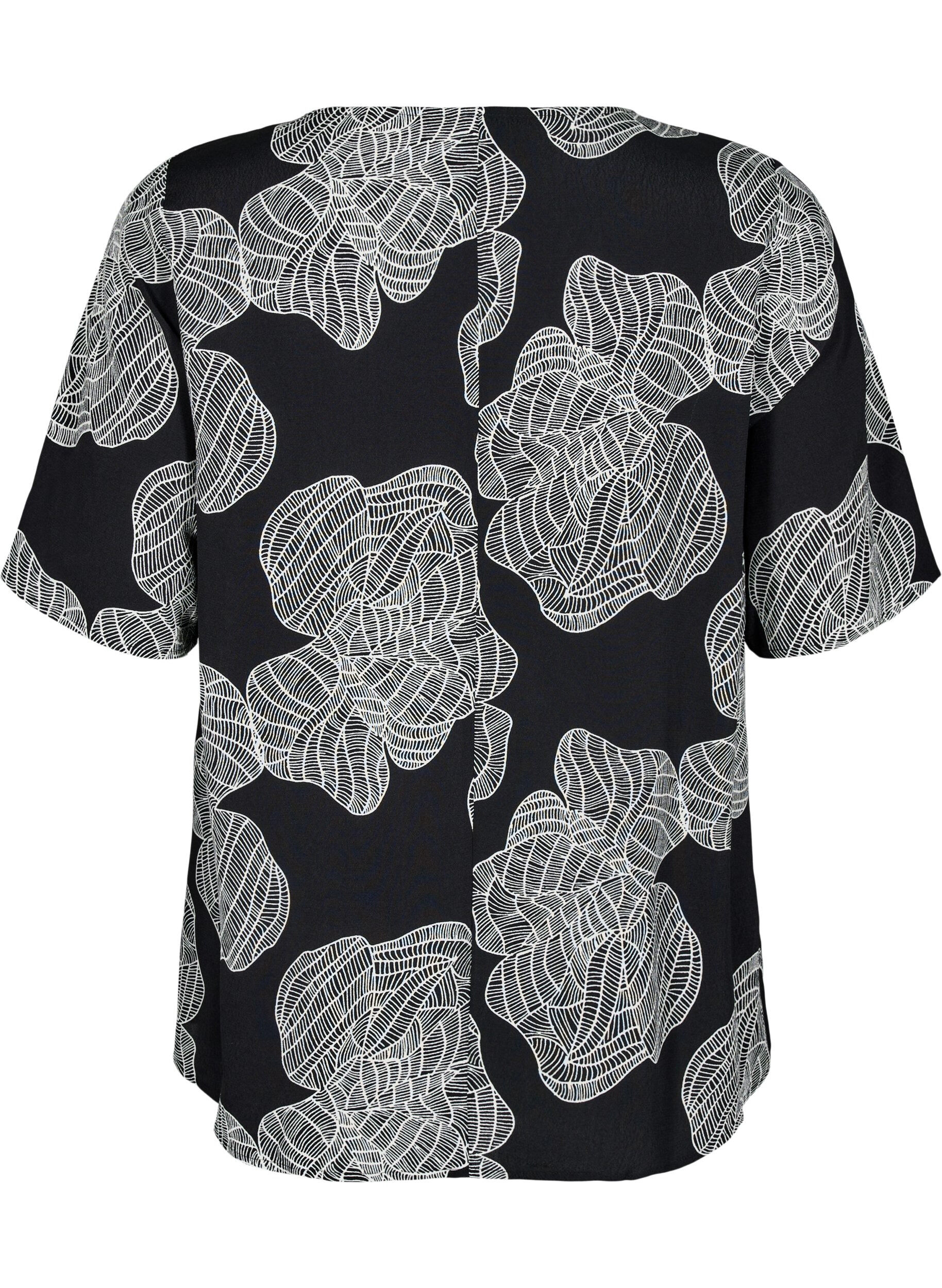 Zizzi Kort&aelig;rmet bluse i viskose med print, Sort, Packshot image number 1