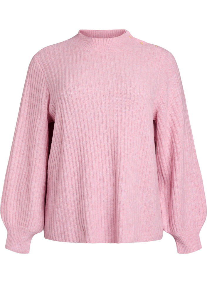 Ribstrikket sweater med ballon&aelig;rmer og knapper, Lyser&oslash;d, Packshot image number 0