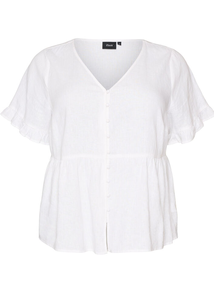 Bluse i h&oslash;r og viskose med V-udsk&aelig;ring og knaplukning, Hvid, Packshot image number 0
