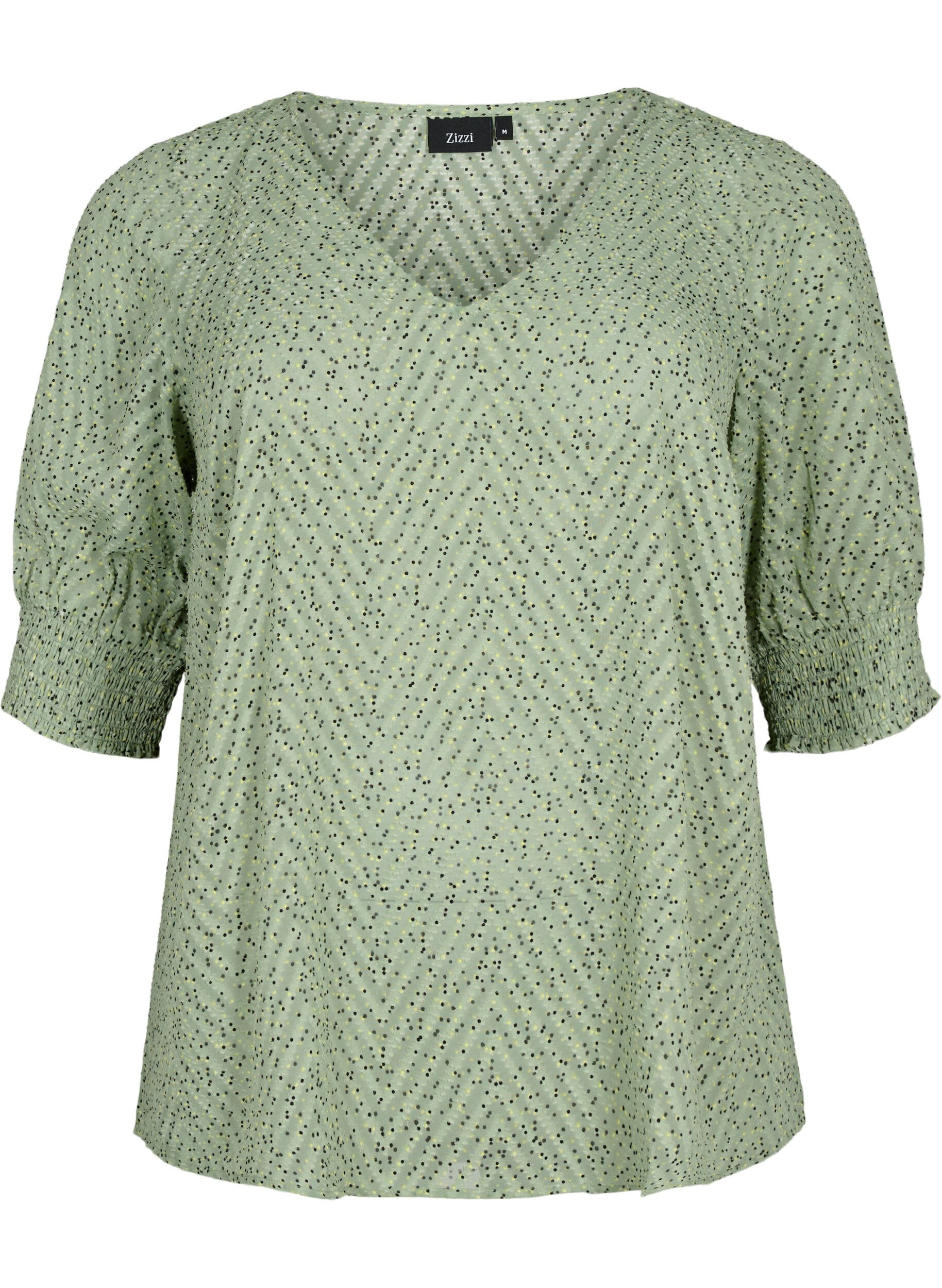 Zizzi Prikket bluse med 1/2 &aelig;rmer, Seagrass Dot, Packshot image number 0
