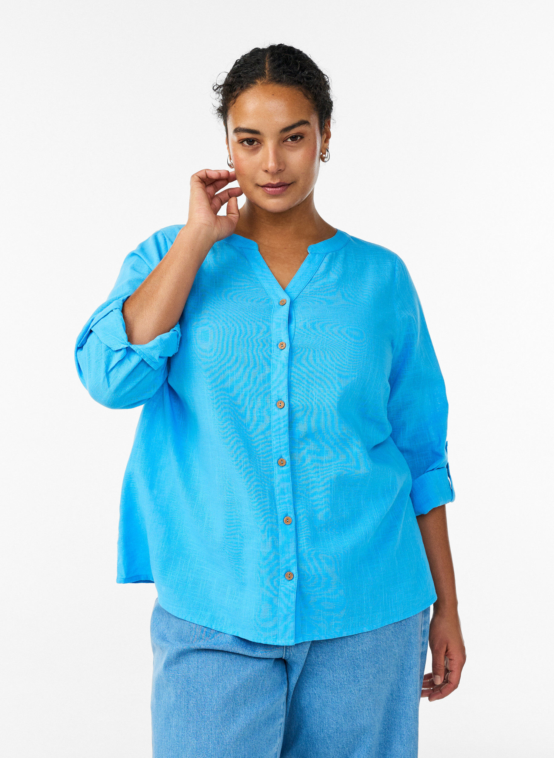 ZizziSkjortebluse i bomuld med V-udsk&aelig;ring, Bl&aring;, Model image number 0