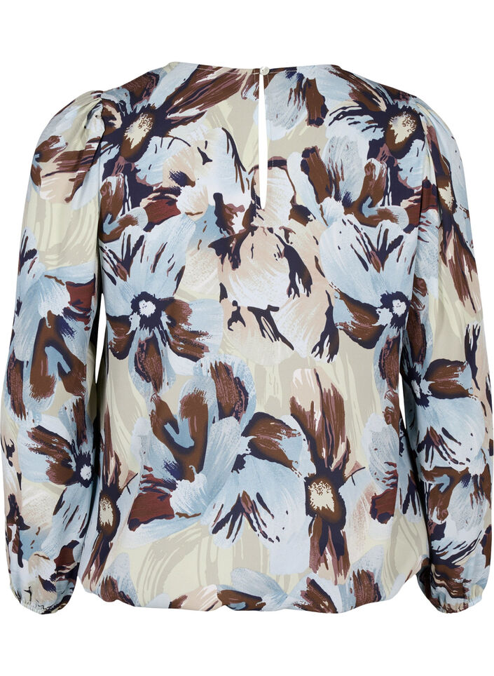 Langærmet bluse med print og knap, Grey Flower AOP, Packshot image number 1