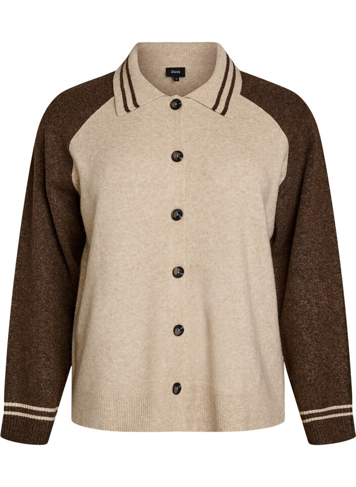 Cardigan med kontrast&aelig;rmer og krave, Beige, Packshot image number 0
