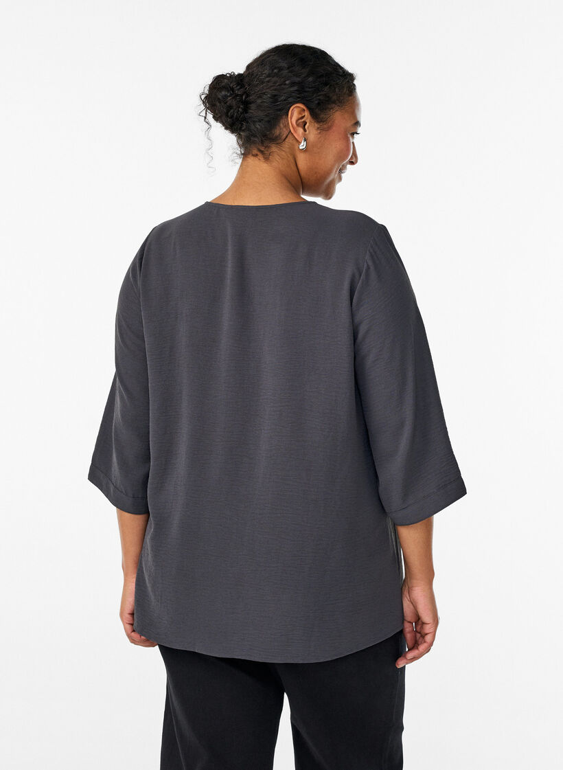 Skjortebluse med V-udsk&aelig;ring og 3/4-&aelig;rmer, Gr&aring;, Model image number 2