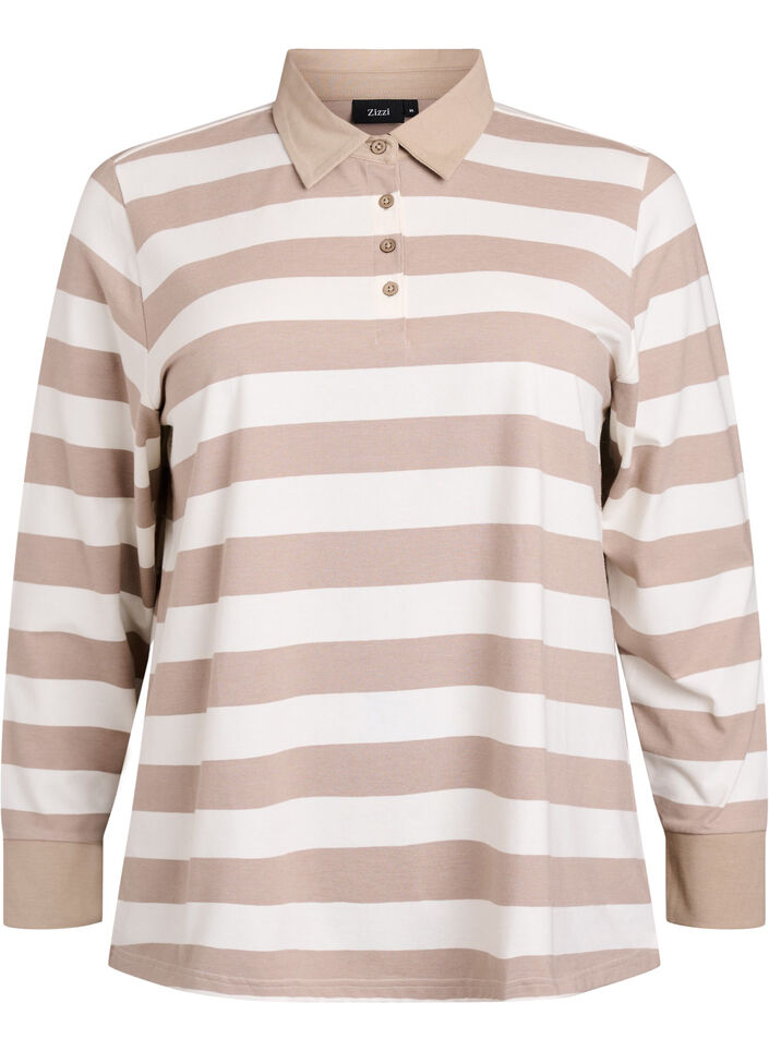 Langærmet poloshirt med striber, Beige, Packshot image number 0