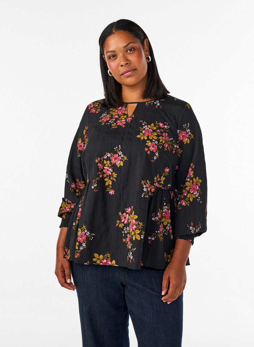 Lang&aelig;rmet bluse med blomsterprint, Sort, Model image number 0