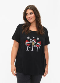 Jule t-shirt med pailletter, Black w. Wine, Model