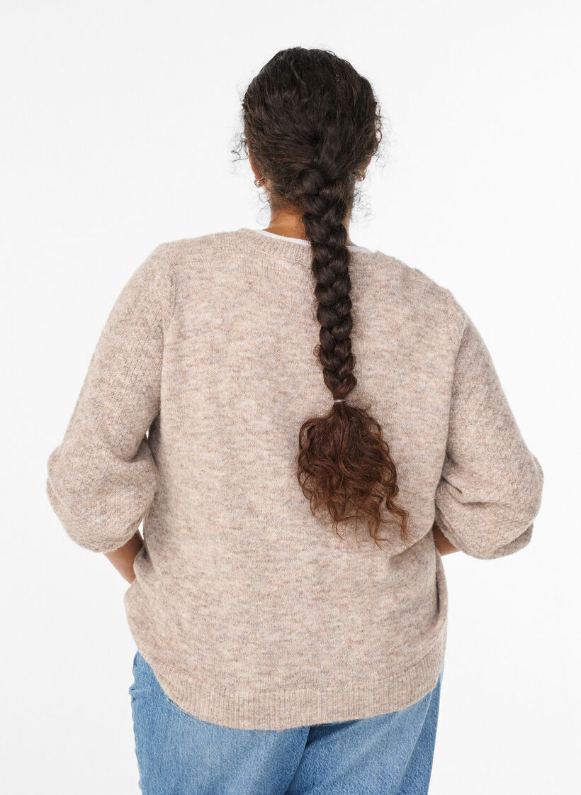 Cardigan med sl&oslash;jfeknapper og hulm&oslash;nster, Beige, Model image number 2