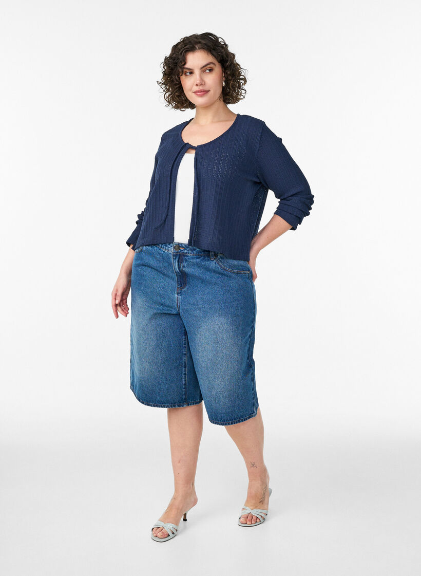 Jerseycardigan med struktur og bindeb&aring;nd, Bl&aring;, Model image number 1