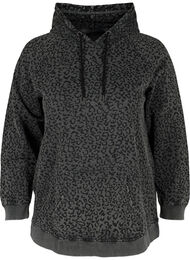 Økologisk bomulds sweatshirt med hætte i leo print, Grey Leo Acid Wash