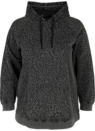Økologisk bomulds sweatshirt med hætte i leo print, Grey Leo Acid Wash, Packshot image number 0