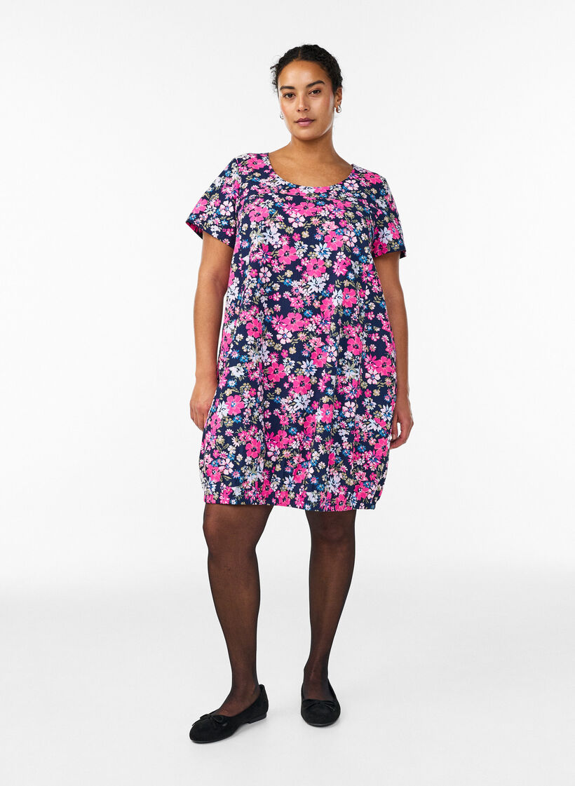 Kort&aelig;rmet bomuldskjole med print, Bl&aring;, Model image number 1
