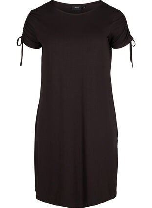 Kortærmet viskose kjole med snøredetalje, Black, Packshot image number 0
