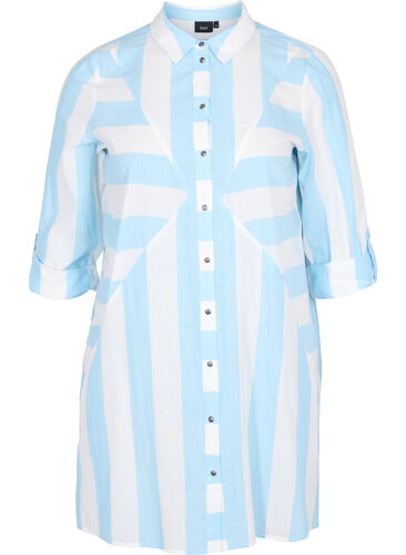 Stribet bomuldsskjorte med 3/4 ærmer, Blue Bell Stripe, Packshot image number 0