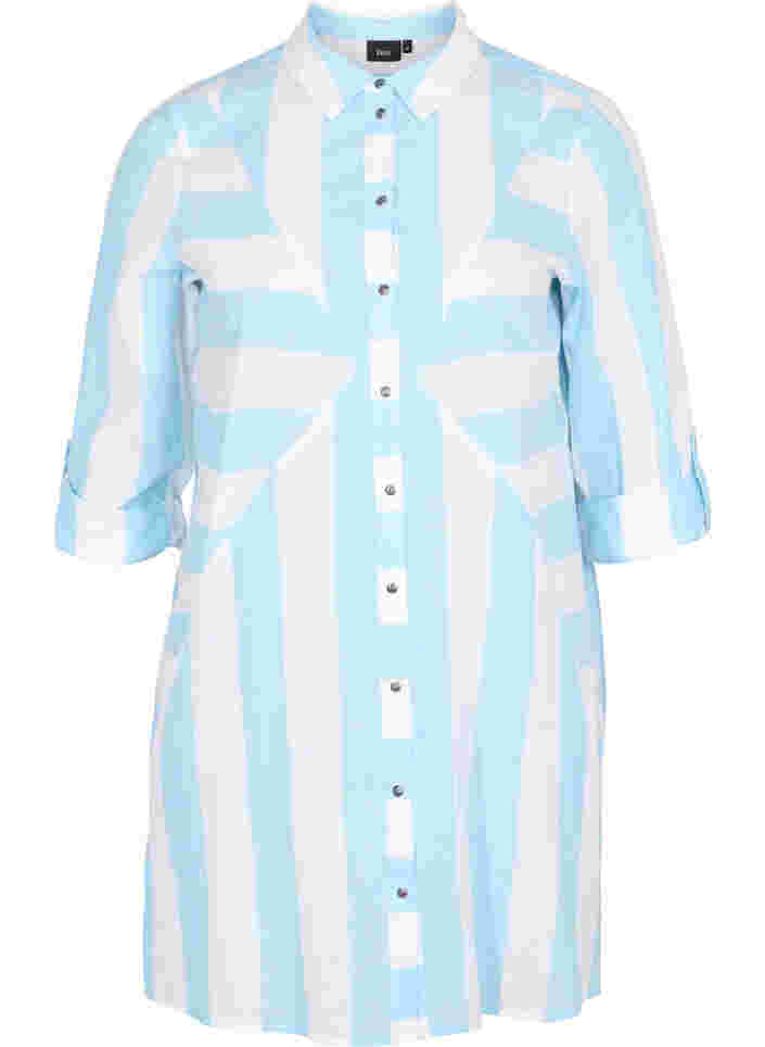 Stribet bomuldsskjorte med 3/4 ærmer, Blue Bell Stripe, Packshot