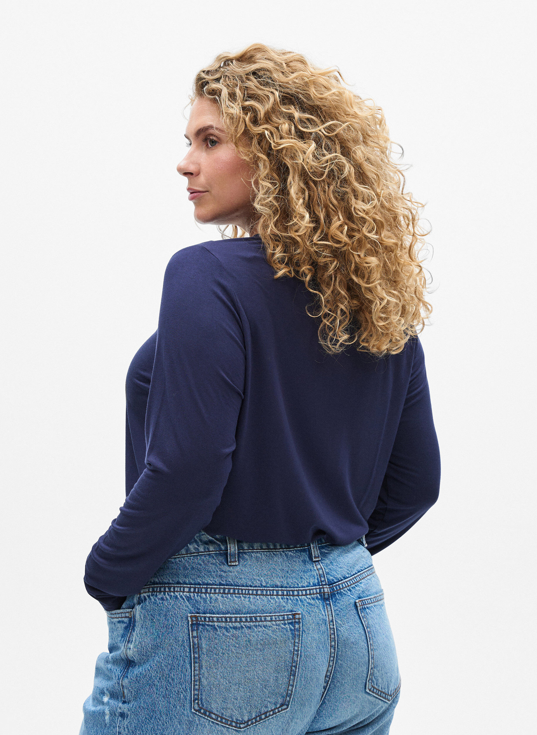 ZizziEnsfarvet bluse med lange &aelig;rmer, Bl&aring;, Model image number 2