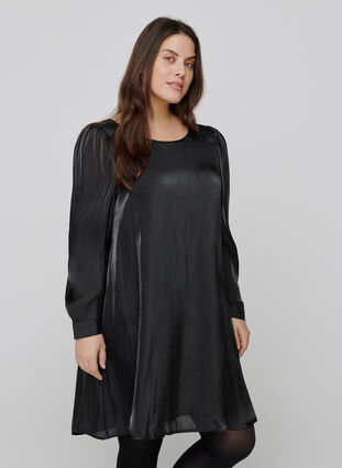Kjole med shine og lange pufærmer, Black, Model image number 0