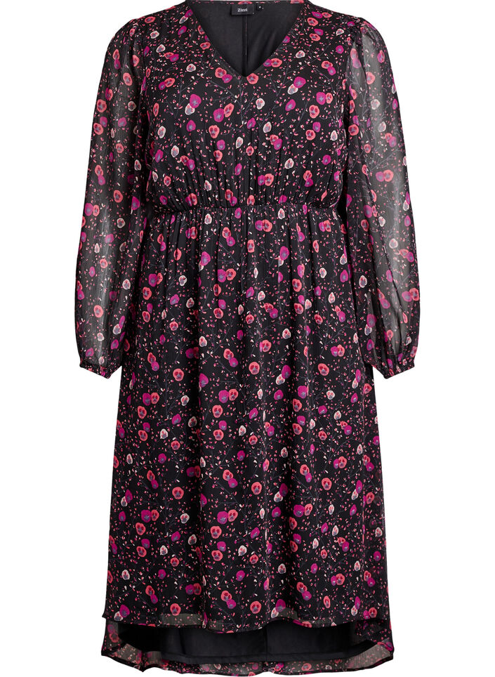 Kjole i chiffon med blomsterprint og lange &aelig;rmer, Sort, Packshot image number 0