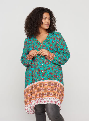 Viskose skjorte med print og v-udskæring, Indian Paisley AOP, Model image number 0