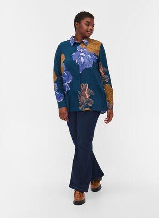 Langærmet viskose skjorte med blomsterprint, Reflecting Pond AOP, Model image number 2