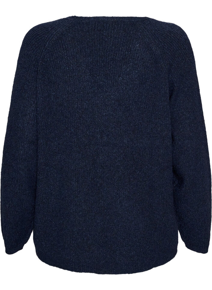 Strikbluse med V-hals og raglan&aelig;rmer, Bl&aring;, Packshot image number 1