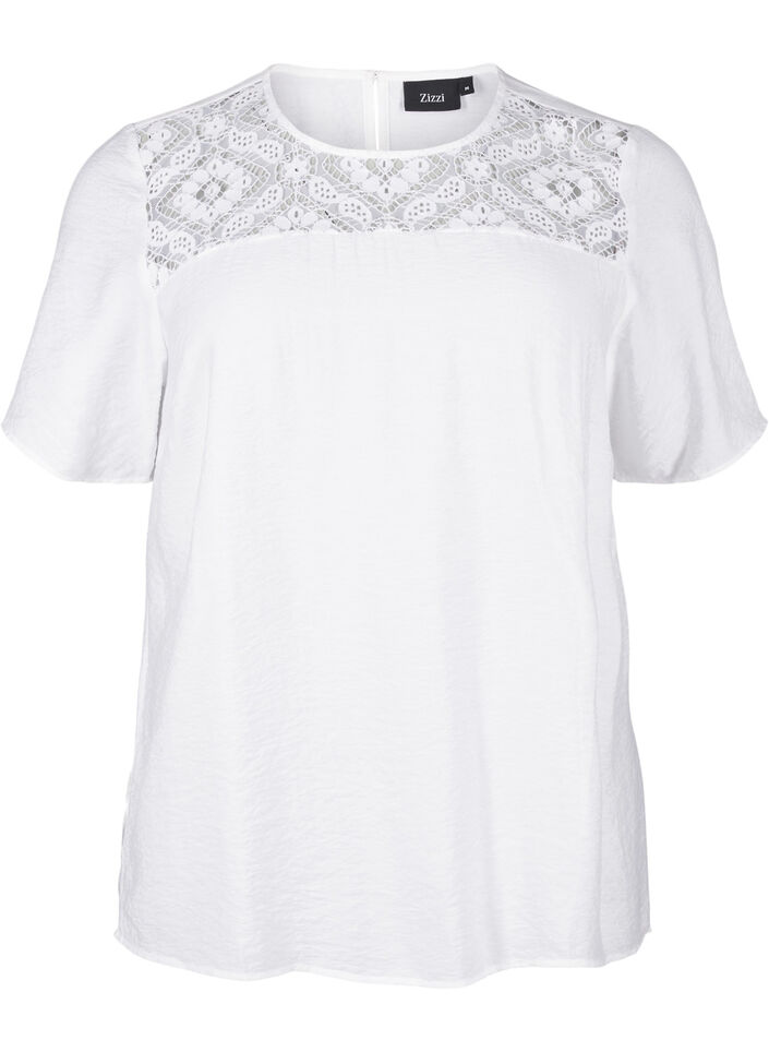 Kortærmet viskosebluse med blondedetalje, Bright White, Packshot image number 0