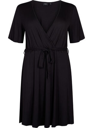 Wrap kjole i viskose med korte ærmer, Black, Packshot image number 0