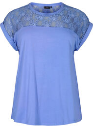 Kortærmet bomulds t-shirt med blonder, Persian Jewel