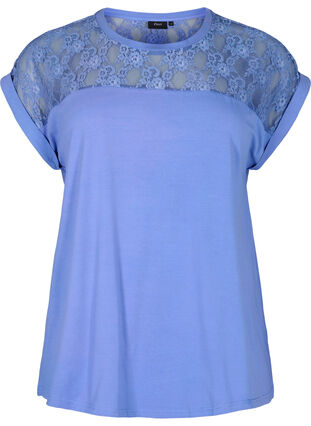 Kortærmet bomulds t-shirt med blonder, Persian Jewel, Packshot image number 0