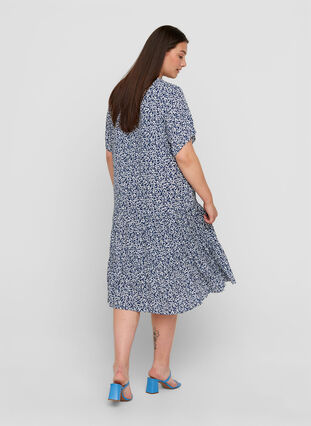 Kortærmet viskose kjole med print, Petit Blue Flower, Model image number 1