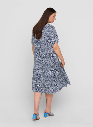 Kortærmet viskose kjole med print, Petit Blue Flower, Model image number 1