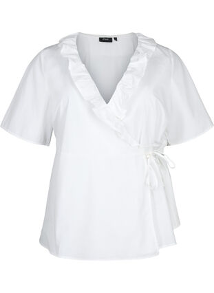 Kortærmet bluse med flæsedetalje, Bright White, Packshot image number 0